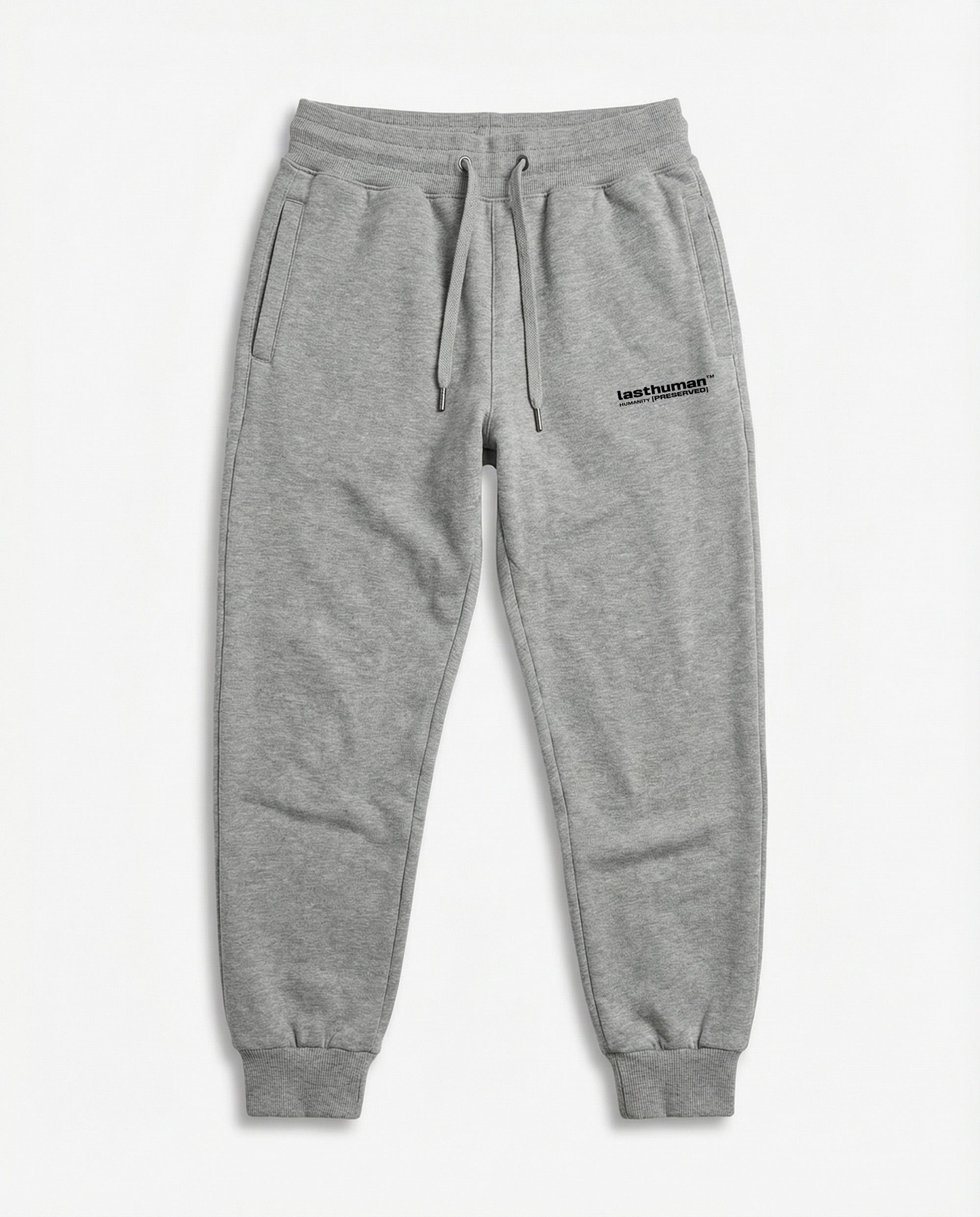 Gray sweatpants with a brand logo on a white background
