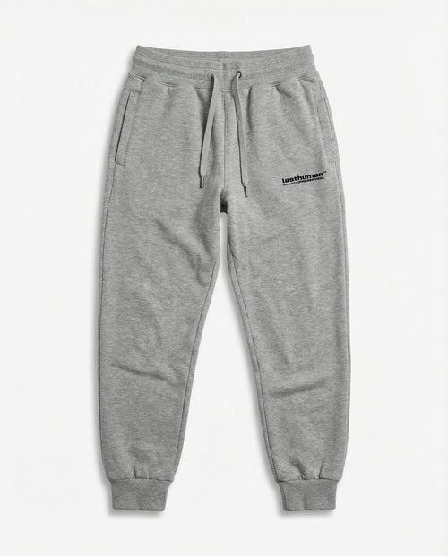Gray sweatpants with a brand logo on a white background