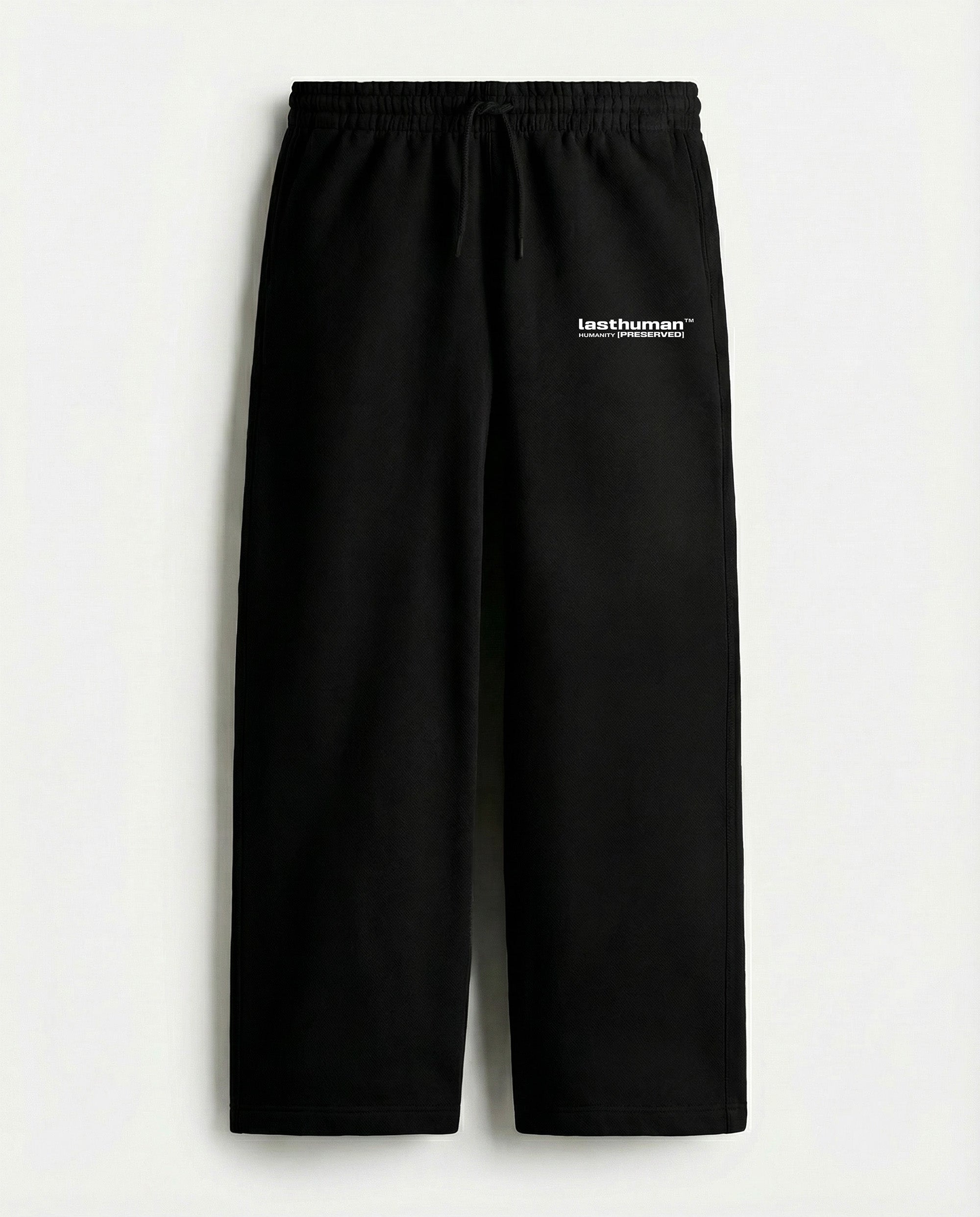 Black pants with a brand logo on a white background